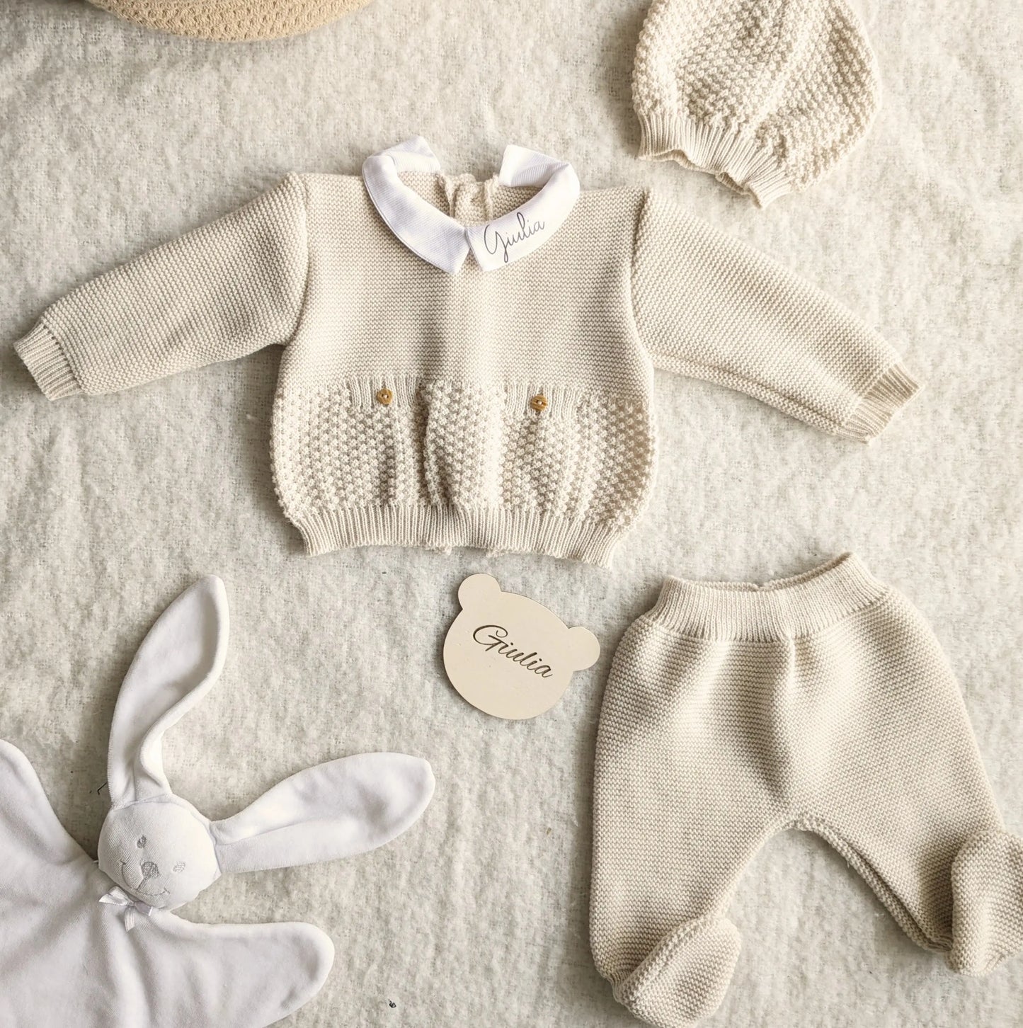 Tenue de Naissance 3 Pièces en maille beige Calins de Mamans