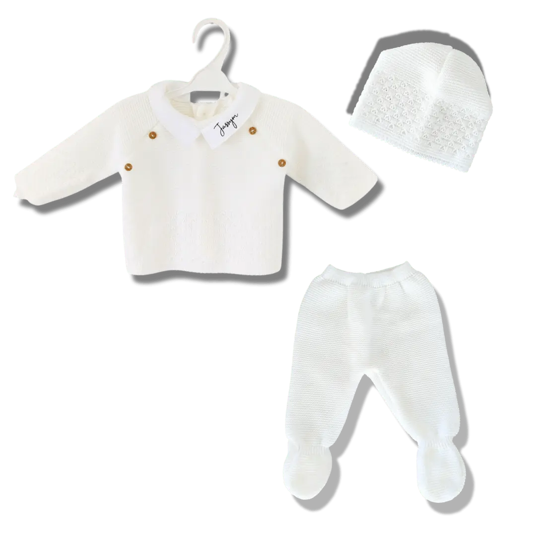 gilet en maille blanche avec pantalon et bonnet pour naissance bébé