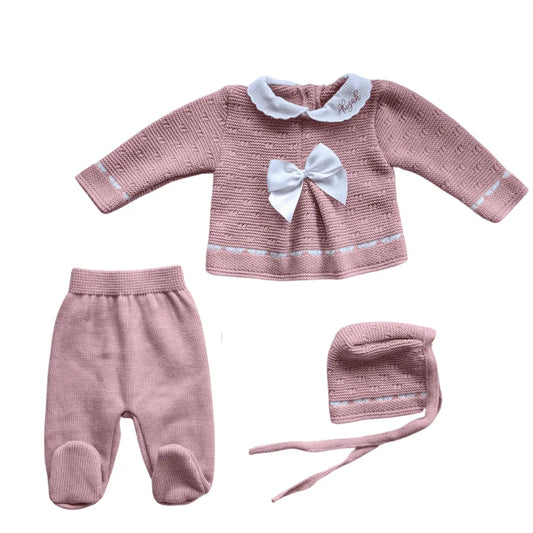 Tenue de Naissance 3 Pièces en maille Rose Calins de Mamans