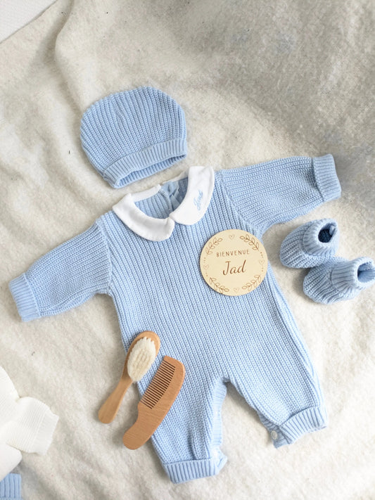 Tenue de Naissance 3 Pièces en Maille Personnalisée Calins de Mamans